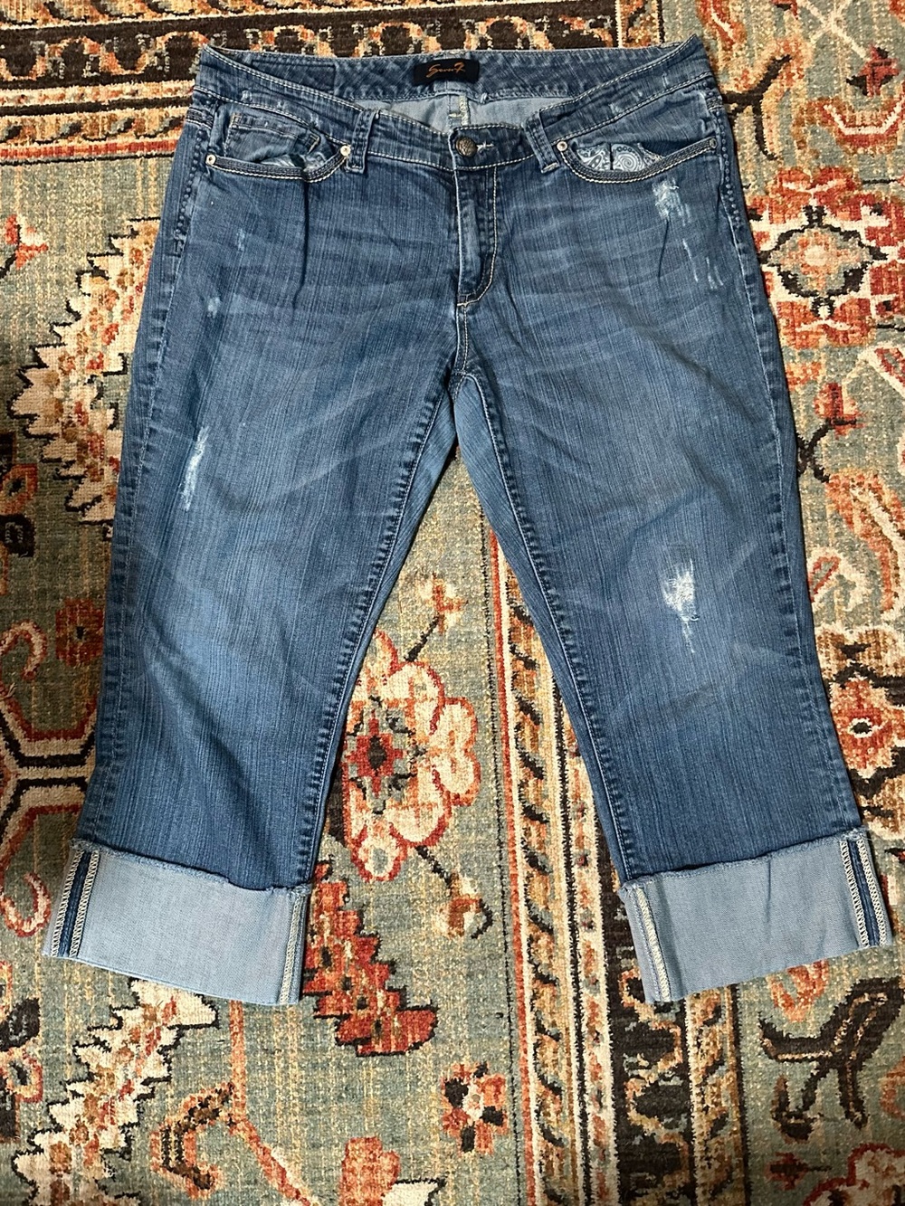 Seven7 Women's Cropped Distressed Blue Jeans